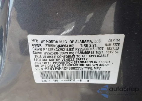 2015 Honda Pilot Ex from USA, damaged, VIN 5FNYF4H4XFB002252